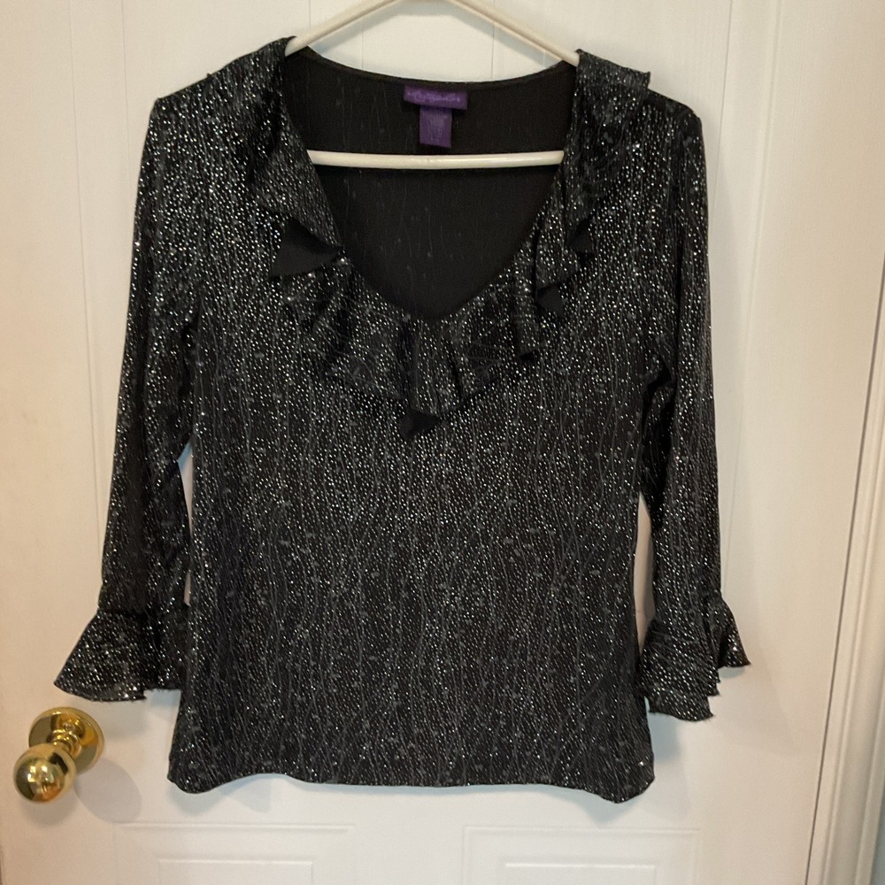 Metaphor Ruffle V-Neck Top Women M Black Excellent Glitter Sparkle Bell Sleeve